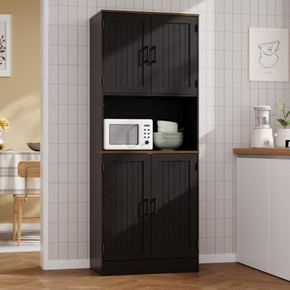 MHOM 71" Tall Pantry Cabinet with Charging Station, Farmhouse Kitchen Hutch with Adjustable Shelves, Modern Kitchen Pantry Storage Cabinet for Dinning Room & Living Room, Antique Black - color: Black
