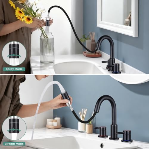 Bathroom Faucet 3 Hole with Pull Down Sprayer, Oil Rubbed Bronze | Lead-free stainless steel, pop-up drain, 2-handle, 360°swivel, 8-inch widespread Faucet for RV/vanity sink, 3-hole mount - color: 2-Oil Rubbed Bronze, style: 8 Inch Pull Down