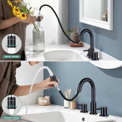 Bathroom Faucet 3 Hole with Pull Down Sprayer, Oil Rubbed Bronze | Lead-free stainless steel, pop-up drain, 2-handle, 360°swivel, 8-inch widespread Faucet for RV/vanity sink, 3-hole mount - color: 2-Oil Rubbed Bronze, style: 8 Inch Pull Down