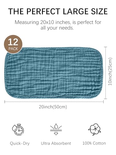 Lovely Care 12 Pack Muslin Burp Cloths 100% Cotton Muslin Cloths Large 20''x10'' Extra Soft and Absorbent Baby Burping Cloth - Slate, Navy & Grey - color: Slate, Navy & Grey, size: 10x20 Inch (Pack of 12)