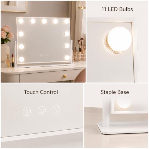 FENNIO Lighted Vanity Mirror, 15.6" x 12.7", 11 LED Bulbs, 360° Rotation | Horizontal 11-light vanity mirror with 360° rotation, wider viewing angle, and white desk-friendly design. - size: 17"L x 13"W