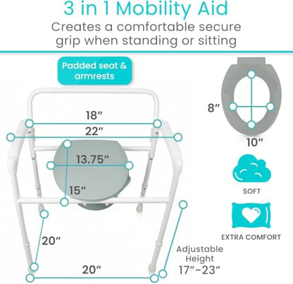 Vive Bedside Commode Toilet Chair (Folding) - 350 lb Capacity, Safety Rail, Shower Chair - 3 in 1 Heavy Duty Bariatric Bucket with Padded Arms, Tight Lid – Portable Seat for Home - Steel
