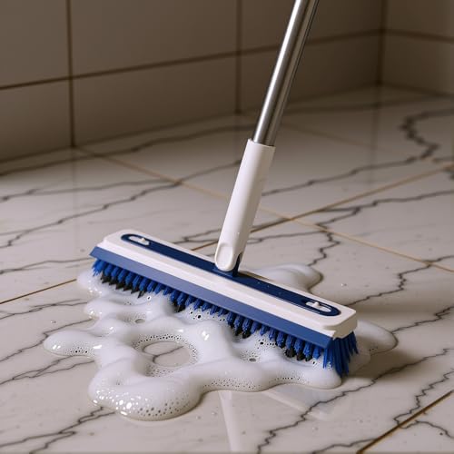4-in-1 Floor Scrub Brush with Long Handle V-Shaped Crevice Brush Floor Scrubber Mop with Squeegee and Tweezer for Cleaning Gap Tile Bathroom Kitchen Patio Deck Garage