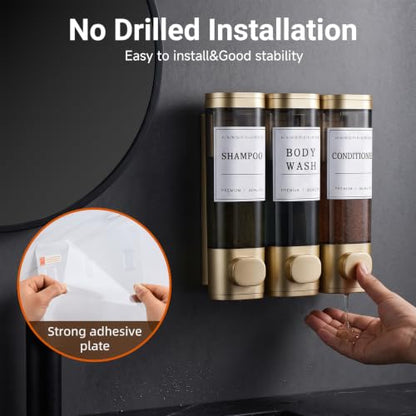 Shampoo and Conditioner Dispenser,Shower Soap Dispenser 3 Chamber No Drill Wall-Mounted for Bathroom & Hotel Leak-Proof Pumps, for Thick Liquids Like Conditioner - 1050ML High Capacity,Gold - color: Gold