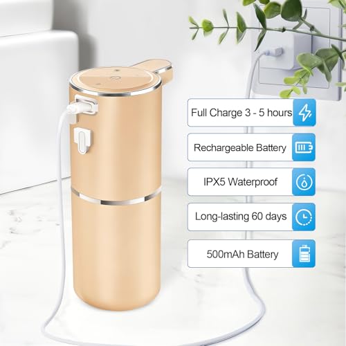 Automatic Foaming Soap Dispenser - Hand Free Pump Touchless Soap Dispenser USB Rechargeable Dispenser with 380ml, 4levels Adjustable Dispenser for Bathroom Kitchen - color: Golden-foaming