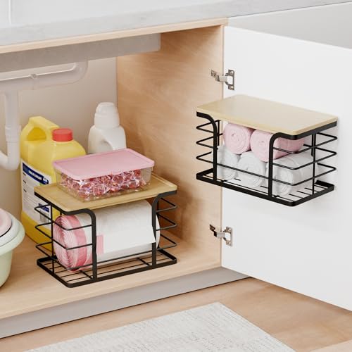 2 Pack Stackable Storage for Kitchen Laundry Pantry Organizers,Trash Bag Holder with Bamboo Top,Wall Mount Garbage Bag Dispenser,Black Large and Small - color: 2 Pack-l&s Black