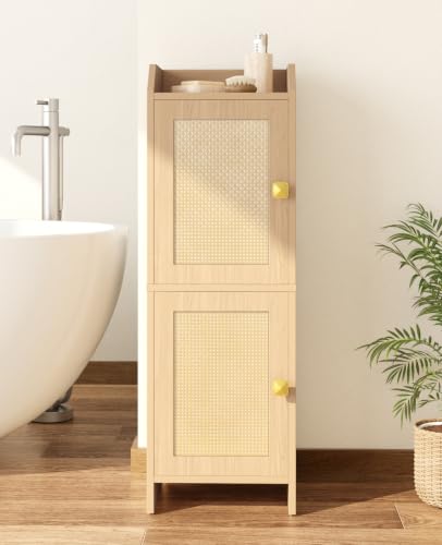 Rattan Narrow Bathroom Storage Cabinet, 7.9''D x 9.8''W x 29.5''H, Toilet Paper Storage Cabinet with 2 Doors & Adjustable Shelf, Space-Saving Bathroom Organizer for Small Spaces, Natural Oak