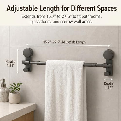 Suction Cup Towel Bar for Smooth Shower Walls, No Drill Adjustable Towel Rod 15.7-27.5 in, Rustproof Aluminum with Strong Vacuum Hold, Gray