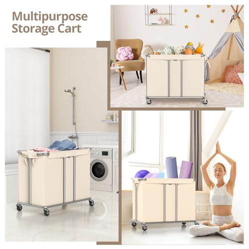 Hodonas Rolling Laundry Hamper 2-Section, Beige, 31.5"Lx15.75W"x30.7"H | 230L(61Gal) Storage Capacity, with Metal Structure, Removable Liner, and Silent Casters, Sturdy Clothes Hamper for Home
