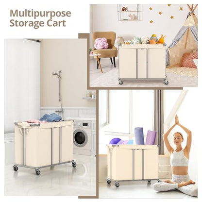 Hodonas Rolling Laundry Hamper 2-Section, Beige, 31.5"Lx15.75W"x30.7"H | 230L(61Gal) Storage Capacity, with Metal Structure, Removable Liner, and Silent Casters, Sturdy Clothes Hamper for Home