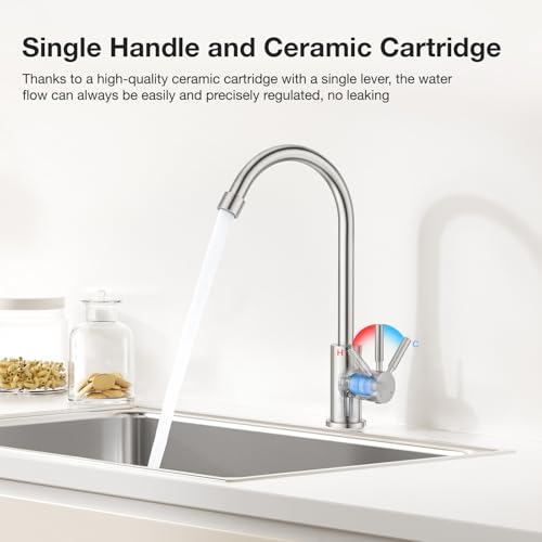 CREA Brushed Faucet for Kitchen Bar Outdoor Sink 1 Hole 3Holes(with Deck Plate)，High Arc 360°Swivle Single Handle Tap Brushed 304 Stainless Steel - color: Brushed, style: Mixed water pipe