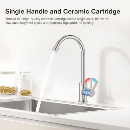 CREA Brushed Faucet for Kitchen Bar Outdoor Sink 1 Hole 3Holes(with Deck Plate)，High Arc 360°Swivle Single Handle Tap Brushed 304 Stainless Steel - color: Brushed, style: Mixed water pipe