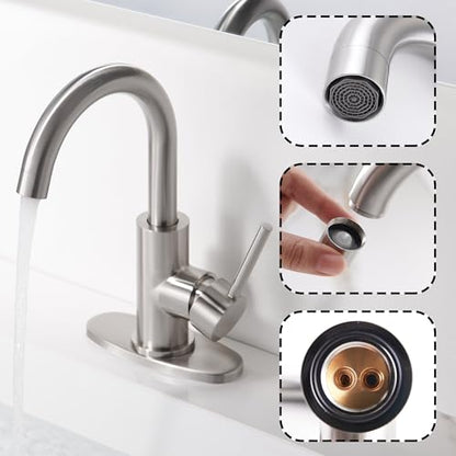 Brushed Nickel Bathroom Faucet - Single Hole Waterfall Bathroom Sink Faucet with Drain Assembly, 360° Swivel Spout Vanity Faucet Single Handle Lavatory Sink Faucet - color: Brushed Nickel