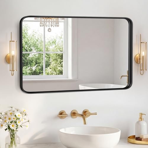 NEWBULIG 24"x36" Wall Mirror, Bathroom Mirrors for Over Sink, Black | Matte Metal Framed Vanity Mirror with Tempered Glass, Entryway, Living Room, Bedroom - color: Black-rect, size: 24"L x 36"W