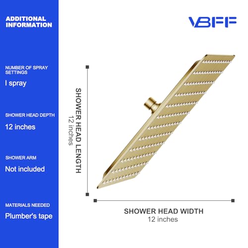 VBFF-Shower Head,rain shower head, 12 inch- Square Shower Head, 1.8 GPM Flow Rate, rainfall showerhead,VBFF09 (Brushed Gold) - color: Brushed Gold, size: 12 Inch