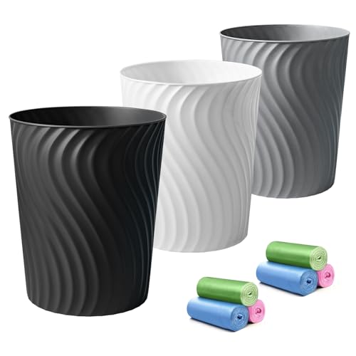 YGJT Small Trash Can, 3 Pack 1.8 Gallons Bathroom Trash Can with Trash Bags | Round Garbage Can for Bedroom|Office, Plastic Waste Basket Bin for Kitchen|Dorm|Living Room, Compact Spaces(White Black Grey) - color: Grey&Black&White, size: 3Pack