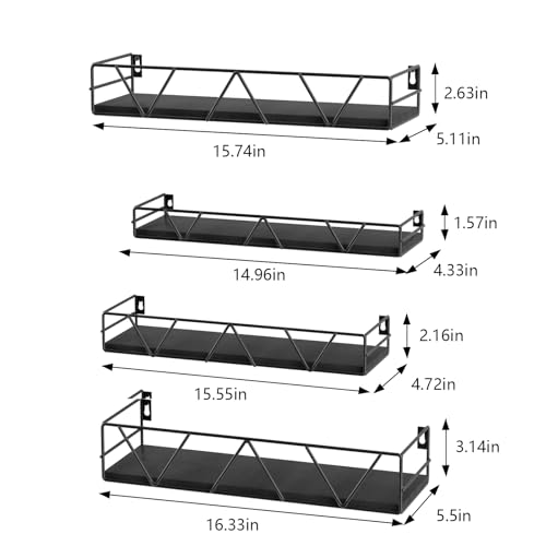 Floating Shelves Set of 4, Wood Wall Shelf, Farmhouse Shelf for Bedroom | Wall Mounted Floating Shelf for Living Room, Bedroom, Bathroom, Kitchen, Office - color: Black-4pcs