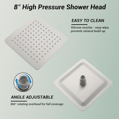 Shower Faucet Set with Valve, 8 Inch Square Rain Shower Head,Brushed Nickel | SUS304 Stainless Steel, Brass Rough-in Valve, Single Handle, Air Pressure Boost, Shower Trim Kit, Male Threads - color: Brushed Nickel