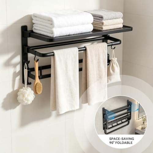24 Inch Towel Rack for Bathroom, Wall Mounted Shelf with 2 Bars and 7 Hooks, Foldable Double Towel Rod, Space Saving Rustproof Storage Organizer for Bathroom, Hotel and Lavatory, Matte Black