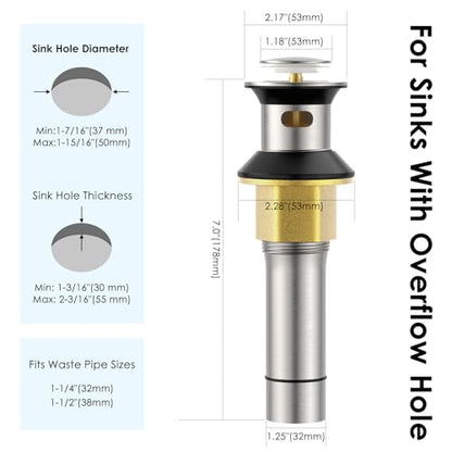 Pop Up Bathroom Sink Drain with Overflow, Removable Stainless Steel Hair Catcher, Brushed Nickel, Fits 1.5-1.75", DIY Install, 1 Pack - color: Brushed Nickel, style: Small Popup Cap