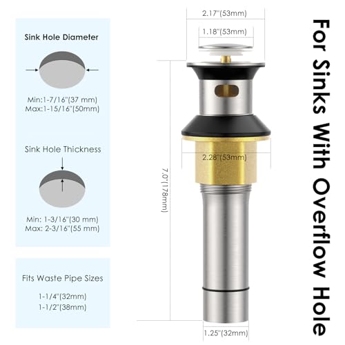 Bathroom Sink Drain with Overflow, Anti-Clogging Sus304 Stainless Steel Vanity Pop Up Drain Assembly with Strainer Basket, Fits 1.57 to 2.36 Inch Sink Openings, Brushed Nickel, 2 Pack - color: Brushed Nickel, style: Small Popup Cap(Pack of 2)
