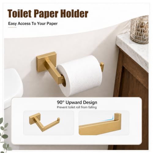5-Piece Brushed Gold Bathroom Accessorys Stainless Steel Towel Bar Set | Square Wall Mounted Towel Rack with Toilet Paper Holder Towel Ring and Hook for Bathroom Outdoor Shower - color: Brushed Gold