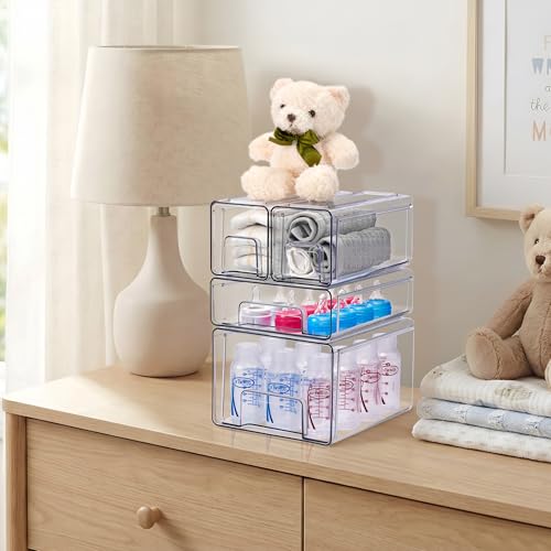 Sorbus Clear Stackable Storage Drawers, 4-Piece Set 1 Large, 1 Medium & 2 Small Pull-Out Plastic Organizer Bins with Handles for Bathroom, Closet, Pantry, Cabinet & Medicine Storage - size: Complete Set