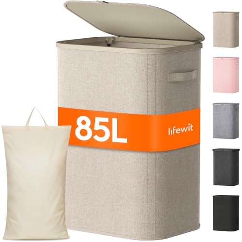 Lifewit 85L Large Laundry Basket with Lid, Laundry Hamper with Plastic Handles and Removable Bag, Foldable Tall Dirty Clothes Hampers for Laundry for Laundry Room, Bedroom, Bathroom, Dorm, Beige - color: Beige, size: 85L