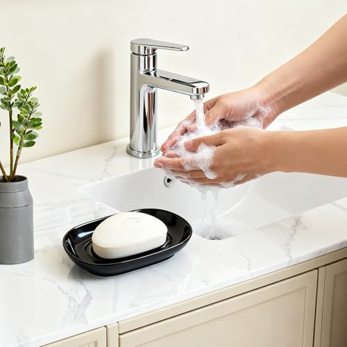 Ceramic Soap Dish for Bath Sink- Modern Black Bar Soap Holder for Shower - Easy to Clean Multi-Purpose Oval Soap Dishes for Soap Bar, Sponges, Jewelry, Small Items | Fits Bathroom & Kitchen - color: Black- Smooth Glossy