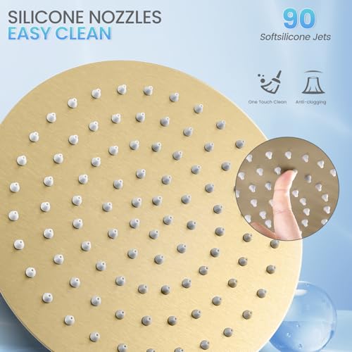 Brushed Gold Round Rainfall Shower Head, All Metal Stainless Steel Rain Shower Heads with 90 Anti-Clog Silicone Nozzles, Wall or Ceiling Mount, 8 inch - color: Brushed Gold, size: 8 Inch