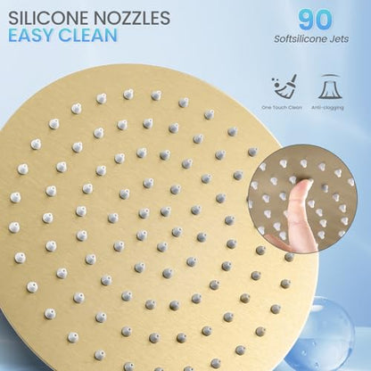 Brushed Gold Round Rainfall Shower Head, All Metal Stainless Steel Rain Shower Heads with 90 Anti-Clog Silicone Nozzles, Wall or Ceiling Mount, 8 inch - color: Brushed Gold, size: 8 Inch