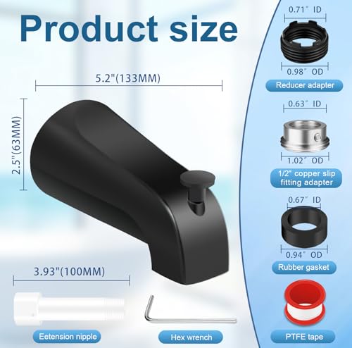 Universal Tub Spout for 1/2" Copper Pipe, 1/2" IPS and 3/4" IPS, Bathtub Faucet with Diverter and Adapter and Hex Wrench (Matte Black) - color: Matte Black