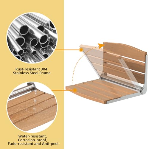 DWVO Folding Shower Seat Wall Mounted, Fold Down Shower Bench, Home Care Folding Shower Chair for Seniors,Disables,Pregnants Teak