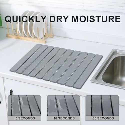 Large Stone Dish Drying Mat for Kitchen Counter, 24"×16" Quick Dry Collapsible Diatomaceous Earth Mat – Super Absorbent Foldable Drying Pad for Dishes (Light Gray, 23.2" x 15.4") - color: Light Gray
