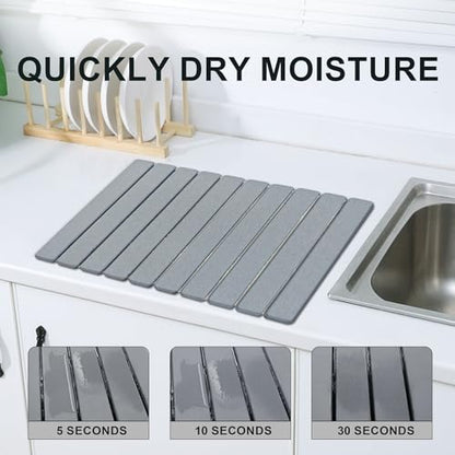 Large Stone Dish Drying Mat for Kitchen Counter, 24"×16" Quick Dry Collapsible Diatomaceous Earth Mat – Super Absorbent Foldable Drying Pad for Dishes (Light Gray, 23.2" x 15.4") - color: Light Gray