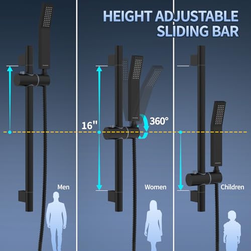 SR SUN RISE 10 Inch Square Shower System with Slide Bar,Matte Black | Rain Head and Handle System,16" Adjustable Shower Slide Bar,Soild Brass,Wall Mount,Included Valve and Trim Kit - color: Matte Black, size: 10 Inch