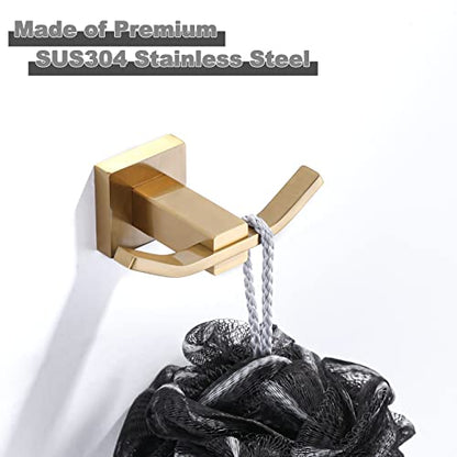 WOWOW Towel Hooks for Bathrooms Gold, SUS304 Stainless Steel Coat Hook, Bathroom Robe Towel Holder, Heavy Duty Robe Hooks, Bathroom Double Towel Hooks for Coats, sponges, Wall Mount - color: Brushed Gold