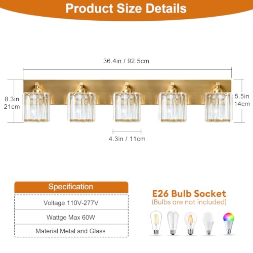 Gold Crystal Bathroom Vanity Light, 5-Light Modern Bathroom Lighting Fixtures Over Mirror,Chrome Wall Sconce Light Fixtures with Square Shade - color: Gold-Square Shade, size: 5-LIGHT