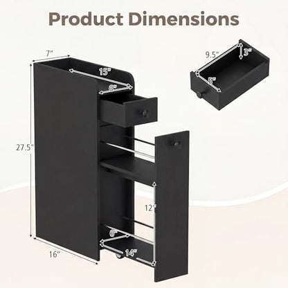 COSTWAY Slim Bathroom Cabinet, Freestanding Narrow Organizer, Black | 7" Wide Space-Saving Storage with 2-Tier Slide-Out Drawer, Shelf & Toilet Paper Holder, for Bathroom, Laundry & Small Spaces - color: Black