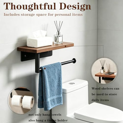 Bathroom Hand Towel Holder/Towel Ring, Premium Metal Wall Mounted Hand Towel Hanger with Wooden Shelf, Heavy Duty Kitchen Towel Holder Rustic Hand Towel Rack for Bathroom Accessories (Black)