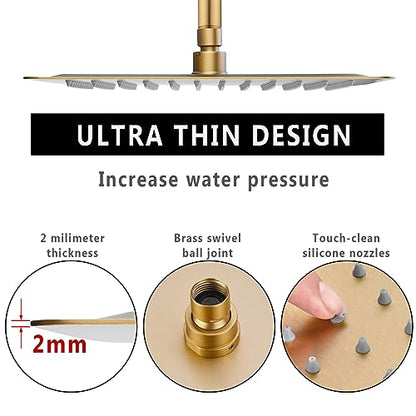 Rainfall Shower Head, BSTIIU 12 Inch Square Shaped Rain Shower Head, Ultra Thin Stainless Steel Ceiling or Wall Mounted Showerheads, Brushed Brass Gold - color: Brushed Brass Gold, size: 12-Inches, style: Square