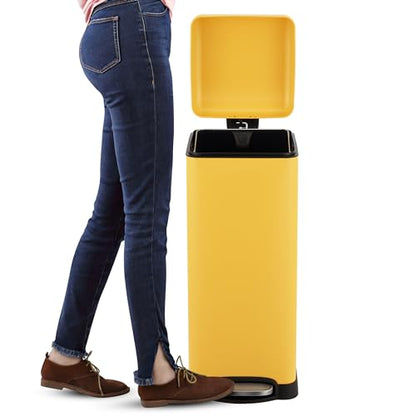 happimess Betty 8 Gal Step Trash Can Soft-Close Lid, Daffodil Yellow | Removable Liner, Semi-Rectangular, Steel Pedal, Iron Powder Coated, 27" Height, Non-Skid Base - color: Yellow