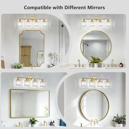 4 Light Bathroom Light Fixtures, Modern Crystal Vanity Lights over Mirror | Metal Frame, Bathroom Light with Square Crystal Shade, ETL Certified, E26 Ceramic Socket, Bulbs Not Included - color: Gold, size: 4-Light