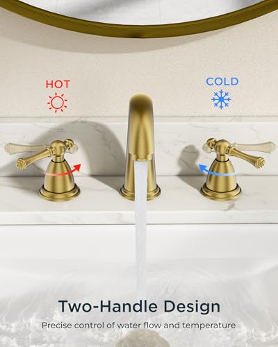FORIOUS Bathroom Faucet 3 Hole Widespread 8" Sink Faucets Brushed Gold | 3-hole 6-12 Inch Widespread Sink, 2 Lever Handle, with Drain and Hoses,for Vanity Rv Commercial Lavatory Restroom Farmhouse - color: Brushed Gold, style: Classic