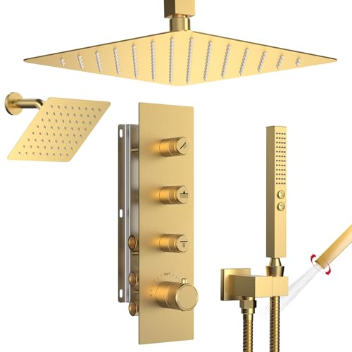 Thermostatic Dual Shower System Brushed Gold,Push Button Diverter Rainfall Shower Faucet Set with 2 in 1 Handheld Spray,12'' Ceiling Mount and 6'' Wall Mount Rainfall Shower System - color: Gold, size: 12"-2
