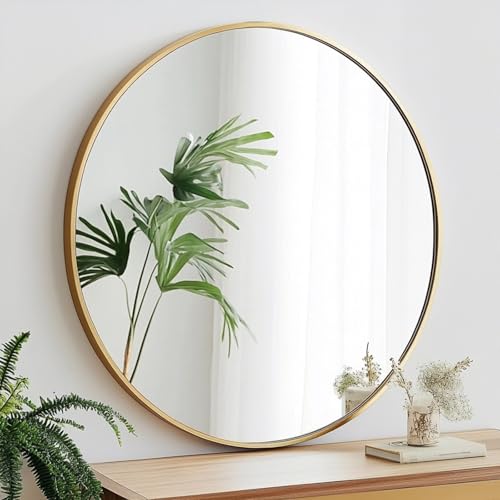 Round Mirror, 26 inch Glold Circle Mirror, Bruhsed Gold Metal Frame | High Definition,Waterproof,Rust-resistant,Round Mounted Mirrors for Bathroom,Living Room,Bedroom,Hallyway,Vanity,Wall Décor - color: Gold, size: 26"L x 26"W