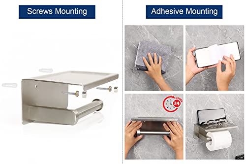 NearMoon Toilet Paper Holder with Shelf, Heavy Duty Bath Toilet Roll Holder with Phone Shelf Tissue Hanger for Bathroom/Kitchen No Drill or Wall Mounted(304 Stainless Steel, Brushed Nickel) - color: Brushed Nickel