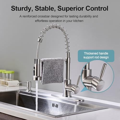 Kitchen Faucets with Pull Down Sprayer and Soap Dispenser, Brushed Nickel Stainless Steel Single Pull Out Spring Sink Faucet, 3 Function Sprayer 1 or 3 Hole Deck Plate for Farmhouse Rv Bar - color: Brushed Nickel, style: Classic(with Soap Dispenser)