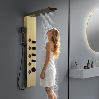 ROVATE 4-in-1 Rainfall Waterfall Shower Panel Tower System, Brushed Gold | Shower Column with Body Massage Jets and Handheld, Stainless Steel High Pressure, Use Multiple Functions Simultaneously - color: Brushed Gold