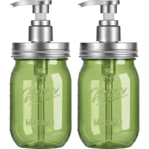 Amolliar Plastic Mason Jar Soap Dispenser with Pump Lid 16OZ - 2Pack Green | Refillable BPA-Free Hand Soap Dispenser Set with Cute Lables, Farmhouse Decor for Kitchen Bathroom Liquid Dish Soap Lotion - color: Green Jar With Silver Pump